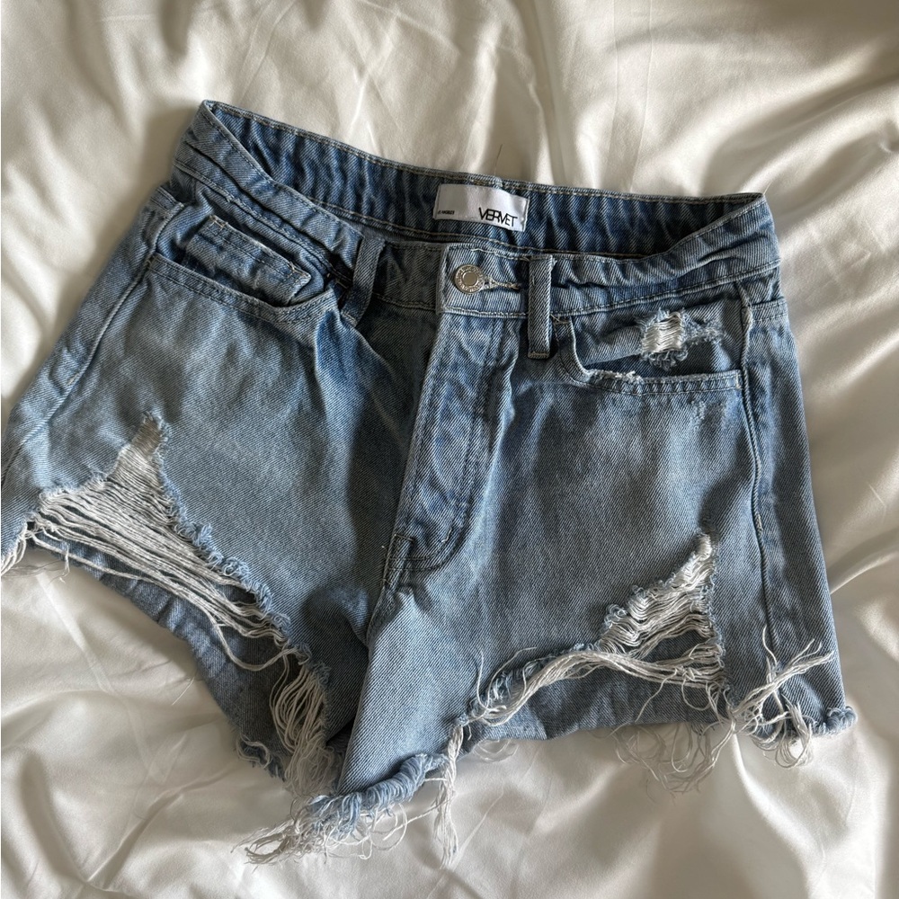 Blue Distressed Jean Shorts with Frayed Hem